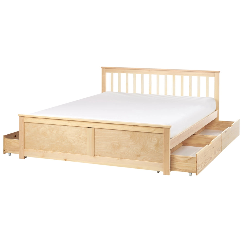 Letto in pino MDF con rete e contenitore 4 cassetti testata minimalista 160 x 200 cm marrone chiaro