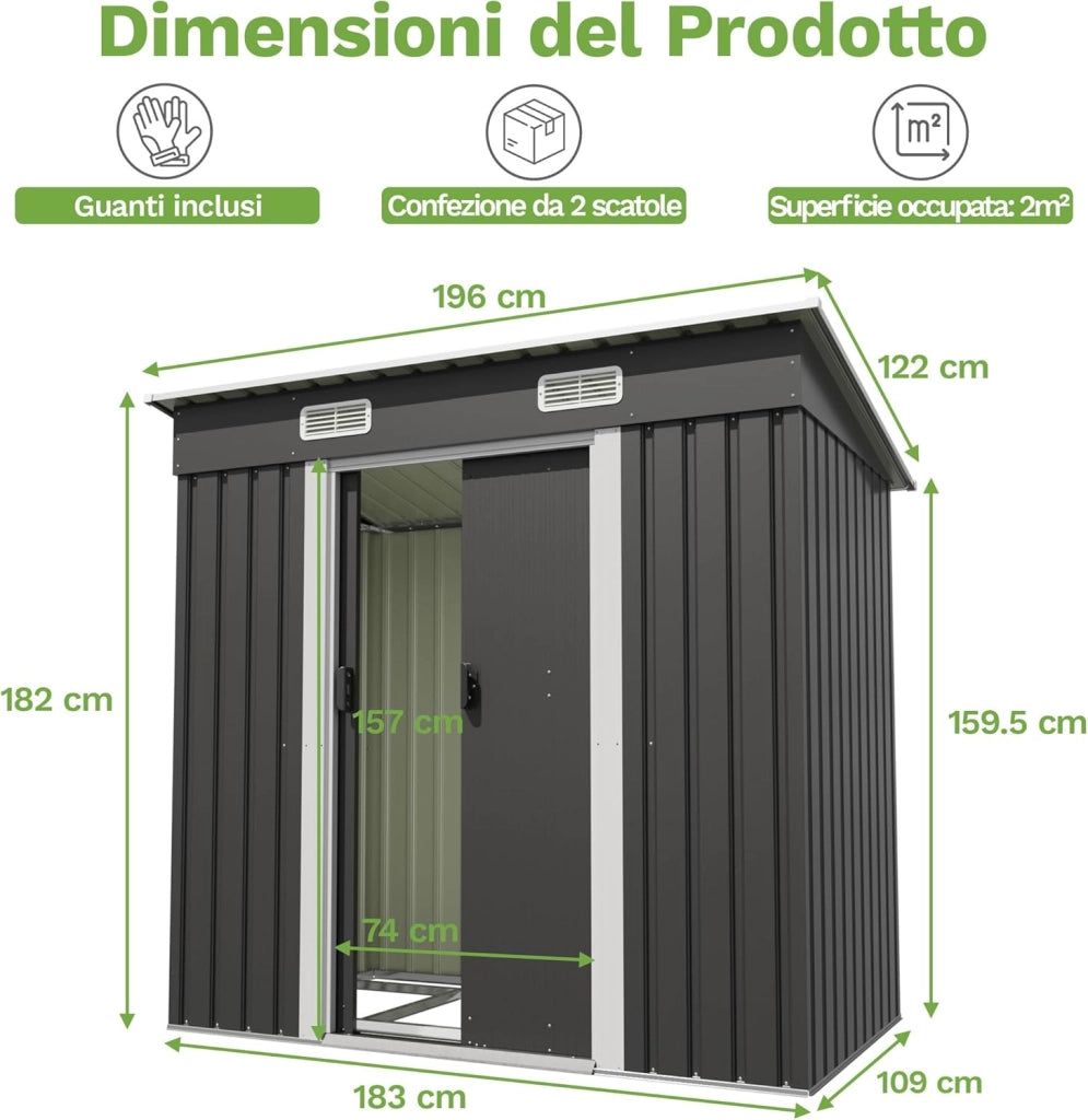 Capanno per attrezzi Devoko in metallo 183x109x182 cm con basamento, capanno da 3,6 m³ con tetto a una falda e porta scorrevole, capanno da giardino per biciclette, terrazza, prato, antracite