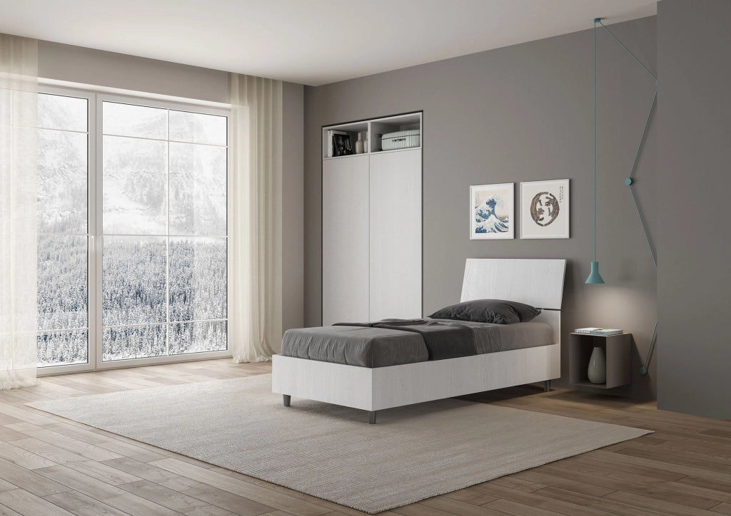 Letto Singolo 80x200 cm con Rete e Contenitore Testata Inclinata Demas Bianco Frassino