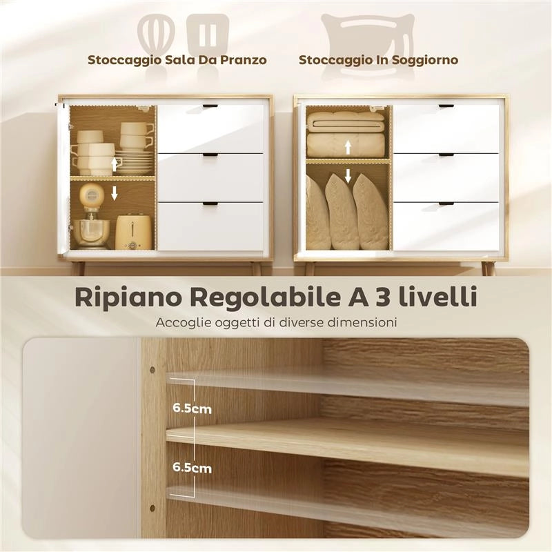 CREDENZA MODERNA CON 3 CASSETTI E ARMADIETTO, RIPIANO INTERNO REGOLABILE E ANTE LUCIDE, BIANCO E ROVERE