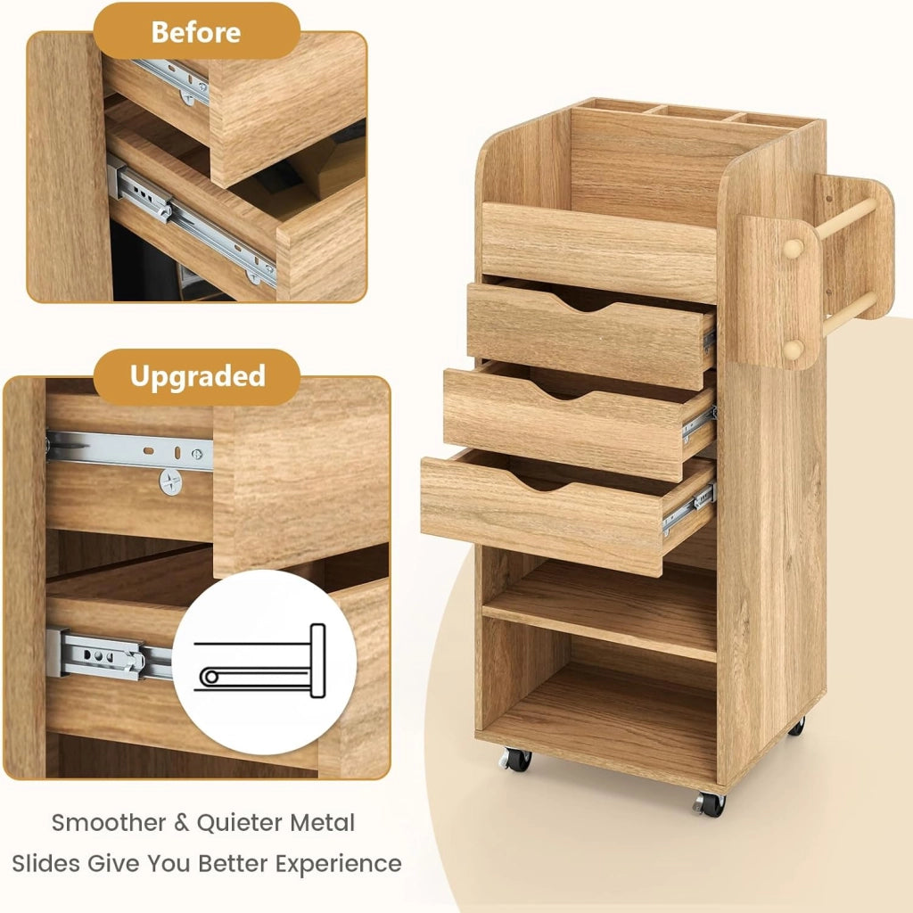 Cassettiera con ruote, 3 cassetti e 2 ripiani, in legno, cassettiera per ufficio, casa e soggiorno, 48,5 x 33,5 x 85,5 cm (naturale)