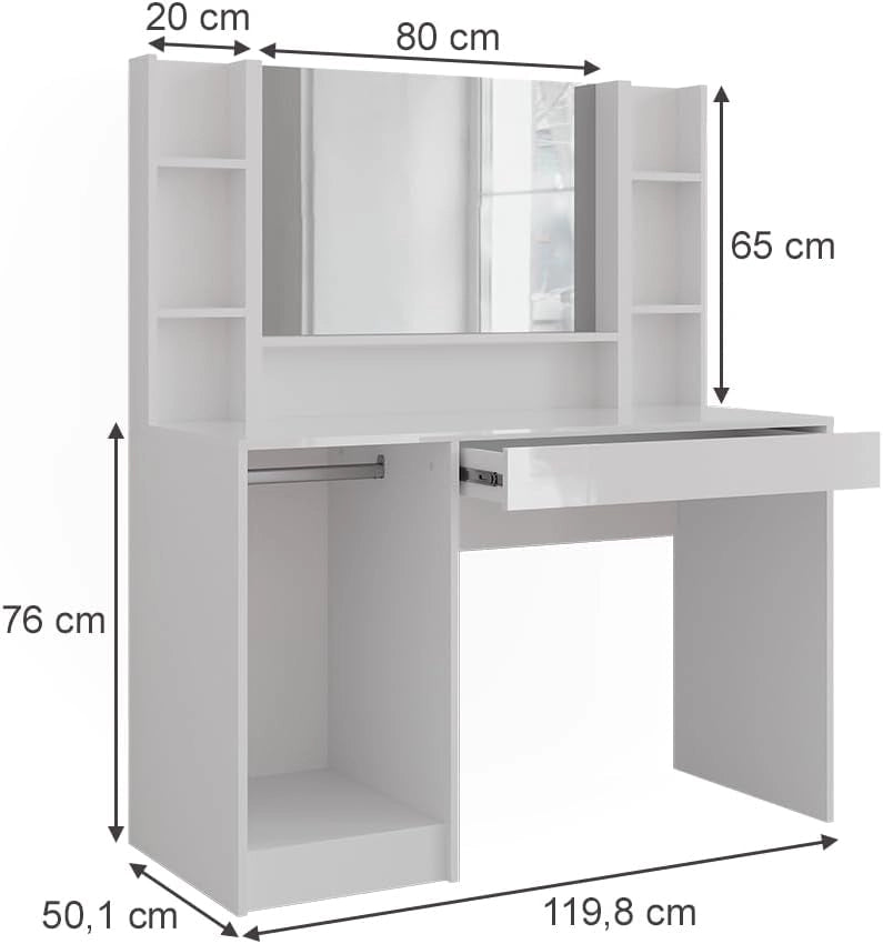 Tavolo da toeletta Sherry, Bianco/bianco lucido, 119.8 cm 4 parti, con specchio superiore per l'uso quotidiano e l'organizzazione
