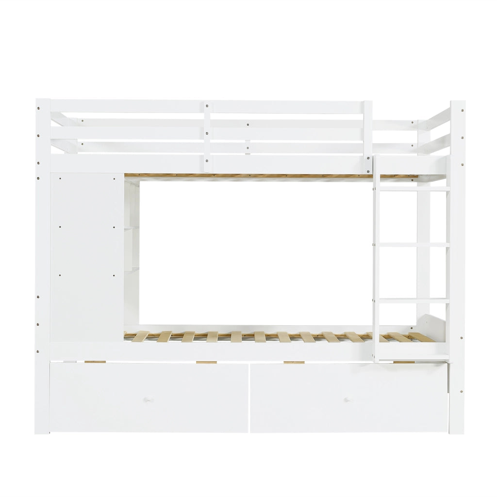 Letto a castello 90x200 cm in legno bianco con 2 cassetti, ripiano e scaletta