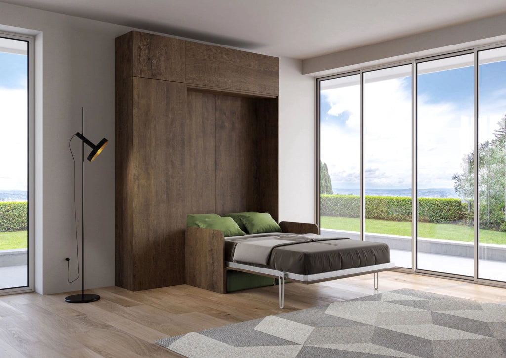 Letto una piazza e mezzo a scomparsa 120 Kentaro con divano e mobili noce, verde