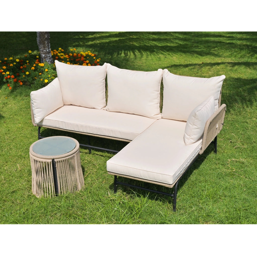 Set giardino: metallo + corda beige; sedute L + tavolo; uso esterno