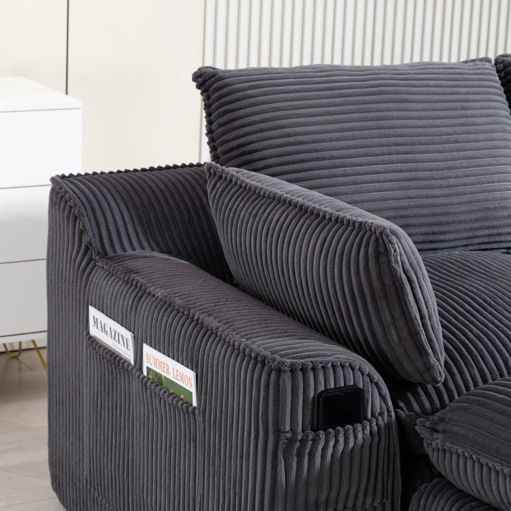 Divano modulare in velluto a coste grigio scuro con pouf