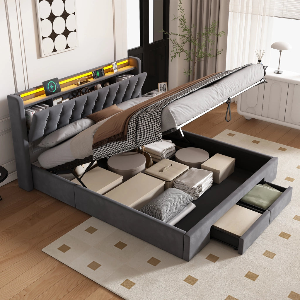 LETTO Imbottito 180 x 200 cm Grigio Scuro con Contenitore, Cassetti, USB e LED