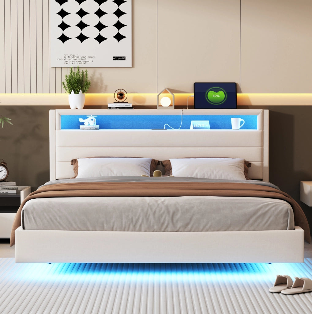 Letto matrimoniale 160x200 cm con USB e LED; testiera ribaltabile; tessuto beige (Senza materasso)