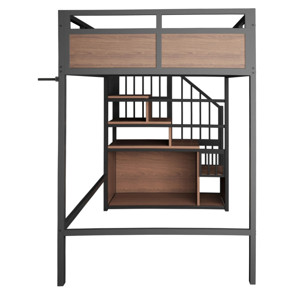 Letto a soppalco in metallo 90x200 cm con LED; scala contenitore e protezioni alte; nero