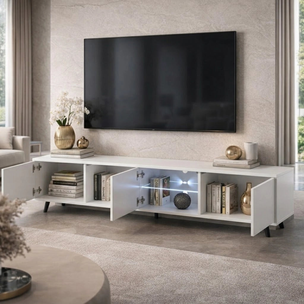 Mobile TV L Con Tre Ante Battenti Vano Centrale Con Ripiano In Vetro E LED Porta Televisore In Melanico Piedini In Metallo Per Soggiorno Salotto Zona Living 175 x 40 x 31.5 cm Bianco