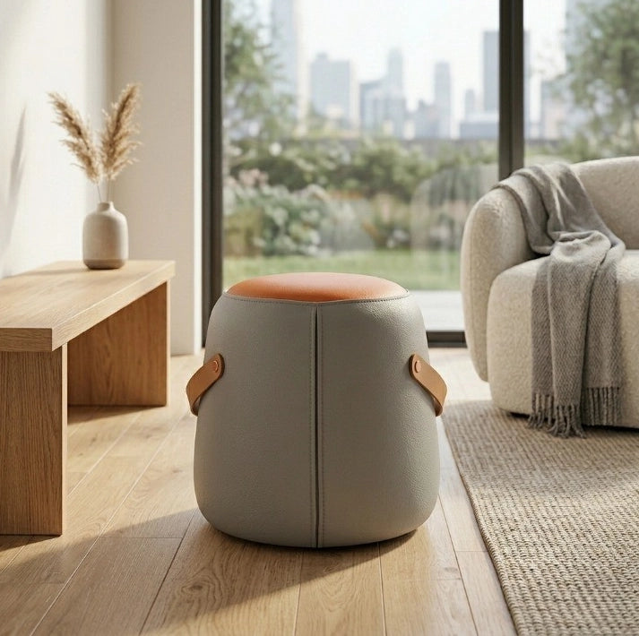 Pouf imbottito con maniglia in pelle PU grigio