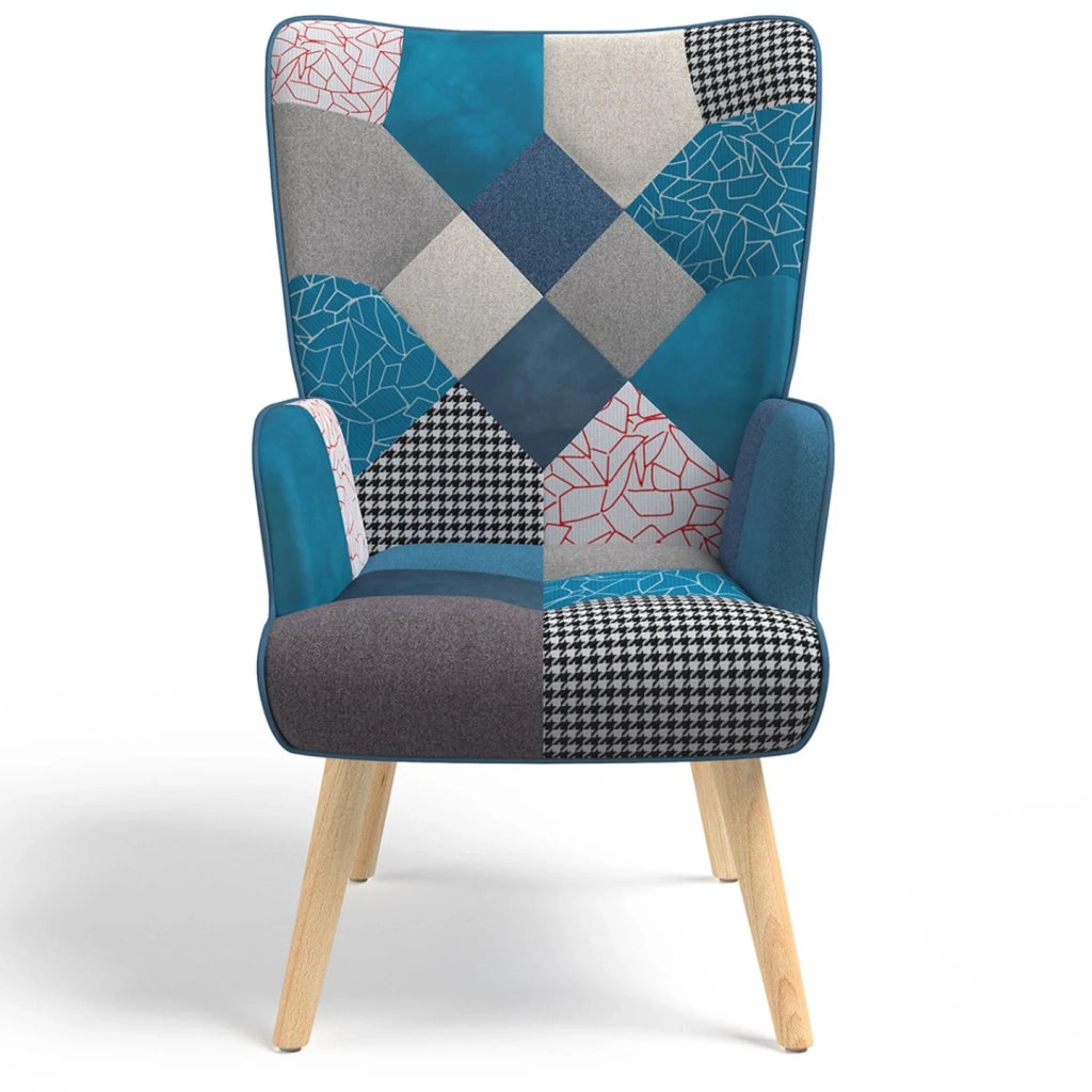 IDMarket - IVAR Poltrona scandinava con poggiapiedi in tessuto patchwork e velluto blu