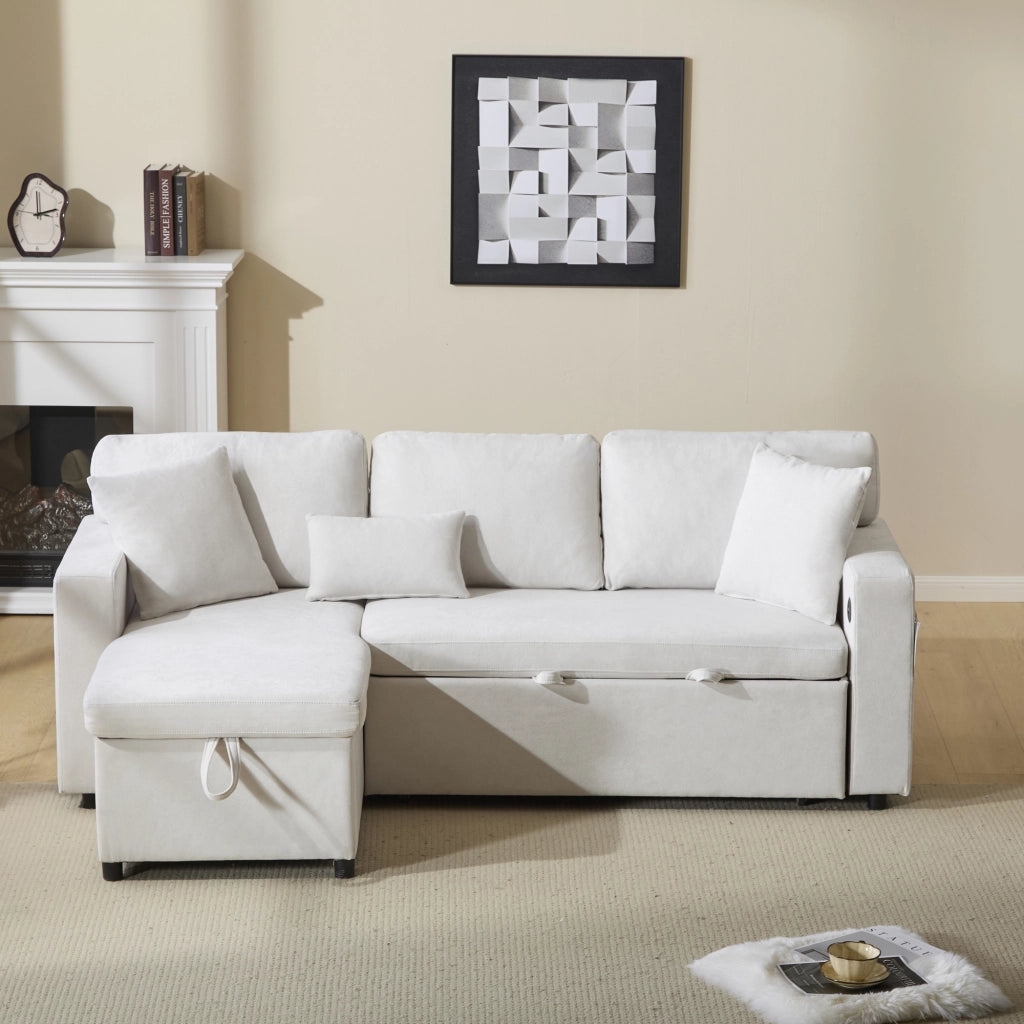 Divano letto angolare 3 posti con chaise longue reversibile; USB e contenitore; beige