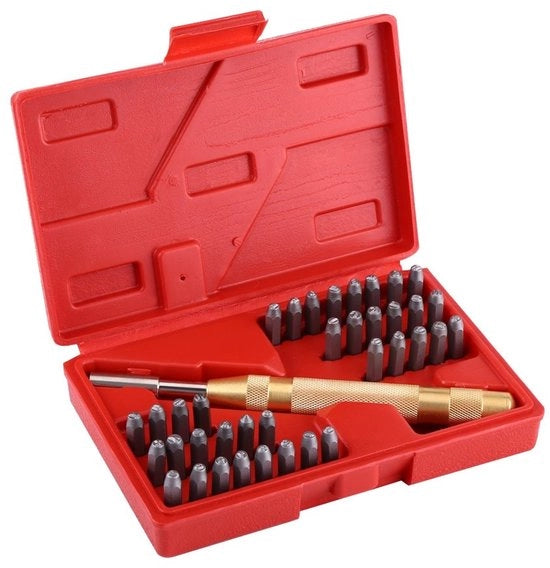 Set di punzoni 38 pezzi - Lettere/Anni/Simboli - Con punzone automatico - Adatto per legno/cuoio/plastica - Inclusa scatola di conservazione