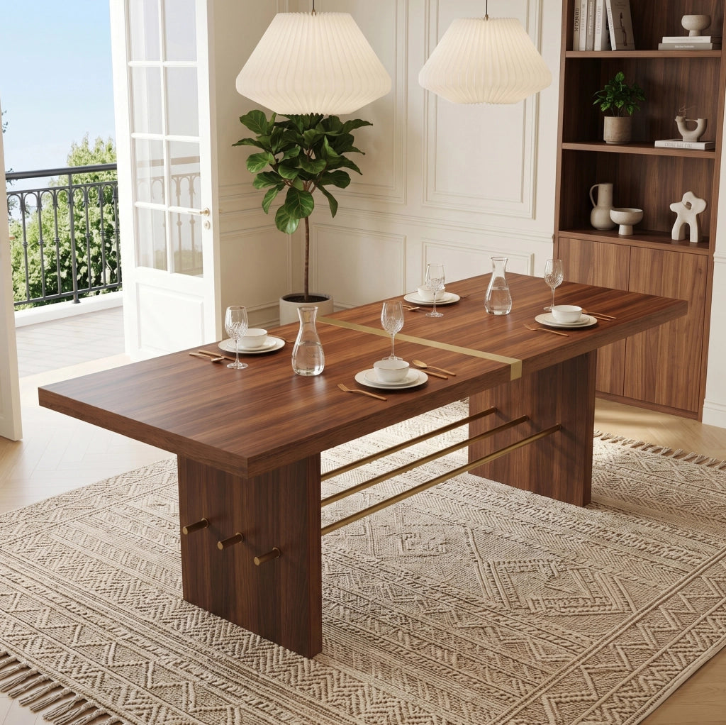 Tavolo da pranzo 180 x 75 cm in MDF; piano da 4 cm; effetto noce e dettagli dorati