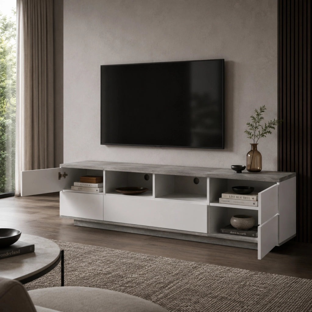 Mobile TV Moderno In MDF Con 4 Ante Anta A Ribalta 2 Vani A Giorno Passacavi Mobile Porta Televisore Per Soggiorno Living Salotto Design Funzionale E Contemporaneo 180 x 38 x 46 Cm Bianco E Grigio Cemento