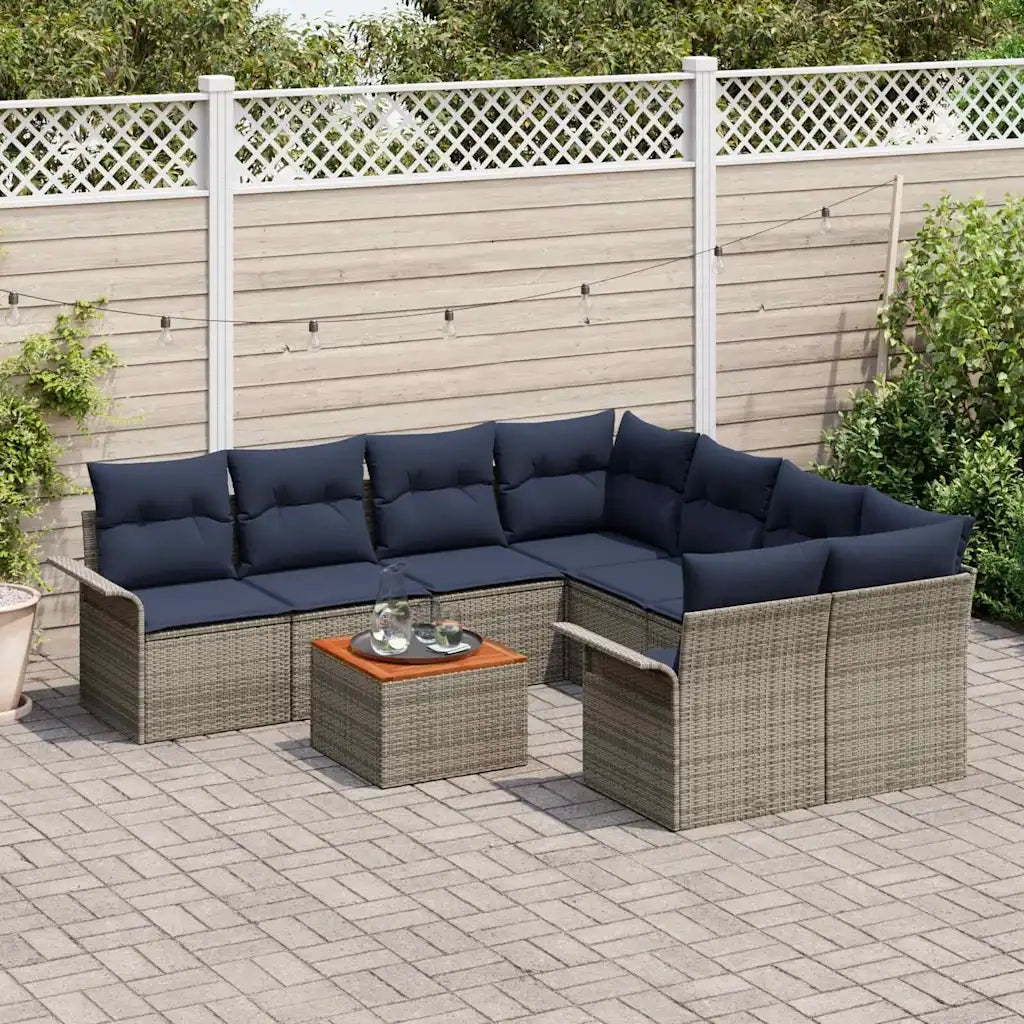 Set Divano da Giardino 9 pcs Grigio e Blu Navy polyrattan 3355980