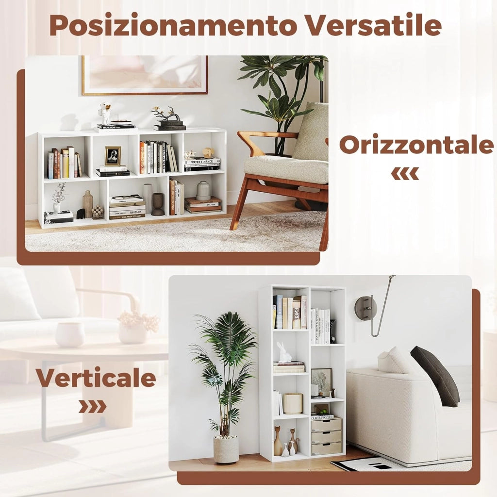 Libreria a 7 Cubi, Scaffale Espositivo con 2 Kit Antiribaltamento, Verticale o Orizzontale, Mobile per Camera da Letto Soggiorno Salotto, 49,5 x 23 x 106 cm (Bianco)