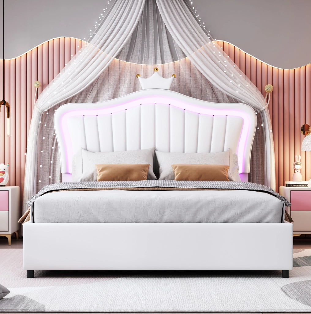 Letto imbottito per bambini 140x200 cm con contenitore; LED e testiera a conchiglia in PU bianco