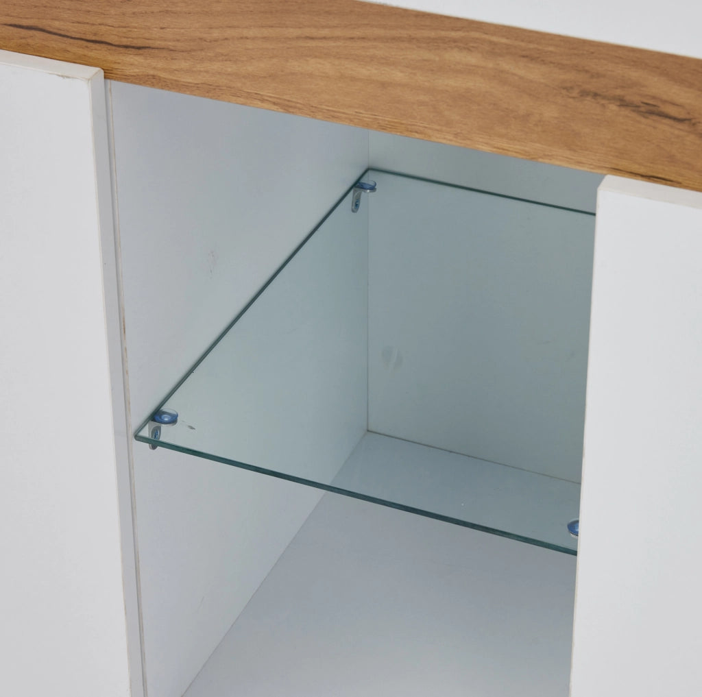Credenza 140x40x70 cm con LED controllato da app e 3 ante in truciolato bianco e naturale