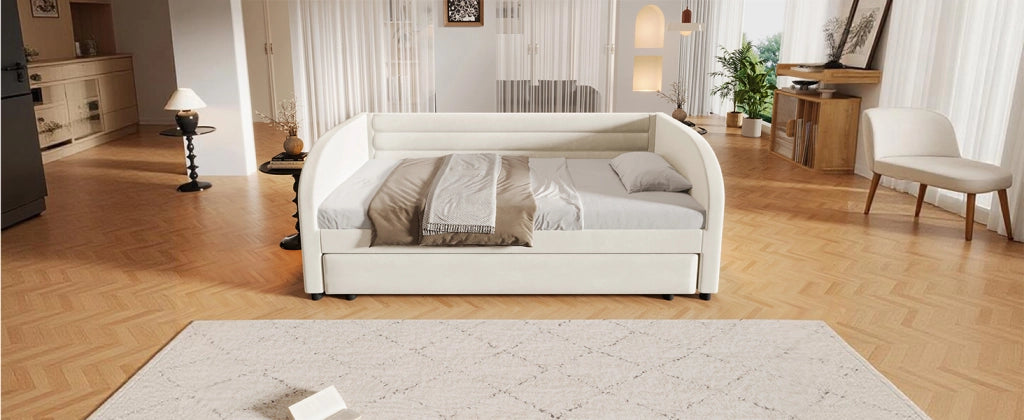 DESMIU Letto singolo 90 × 200 cm con letto estraibile e luce LED, senza materasso, in flanella beige