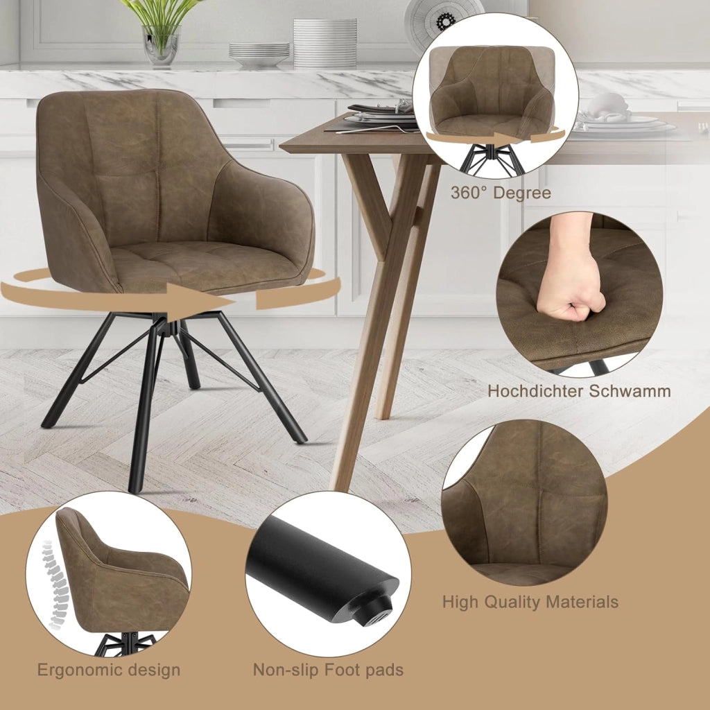 Sedia per Sala da Pranzo Girevole a 360°, Sedia da Cucina Imbottita con Gambe in Metallo, Poltroncina in Similpelle per Camera da Letto, Soggiorno, Marrone, BH366br-1