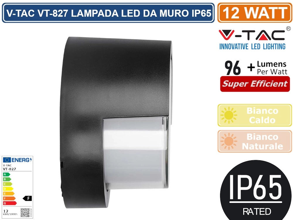 V-TAC VT-827 LAMPADA LED DA MURO 12W WALL LIGHT IP65 APPLIQUE ROTONDA COLORE NERO - Colore Luce:Bianco Naturale