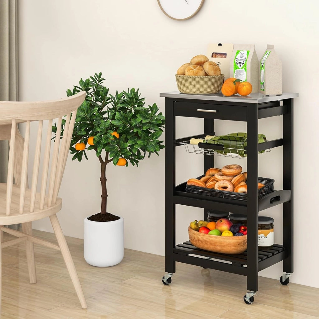 Carrello Cucina con Ruote e Piano di Lavoro in Acciaio Inox, Carrello Portafrutta e Portavivande con Cassetto e Cestello Metallico, Carrellino Portaoggetti per Sala da Pranzo (Nero)