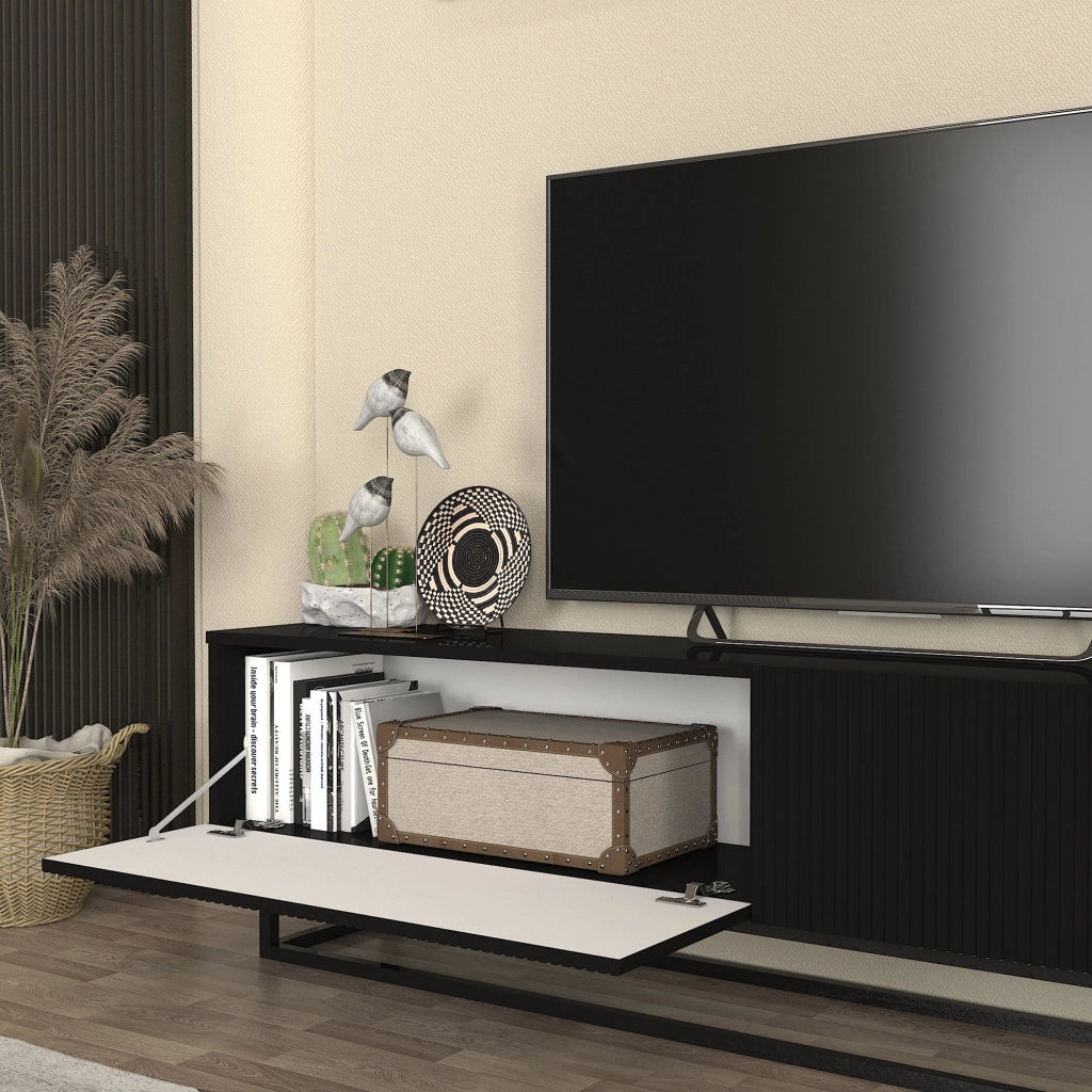 Mobile Porta TV Verpsboga a 2 Ante Decorative e Telaio in Metallo 180x32x47 cm - Nero [en.casa]