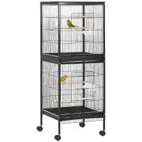 Gabbia Voliera per Uccelli per Interni con Ruote e Vassoi Estraibili, 51.5x50x140 cm, Nero