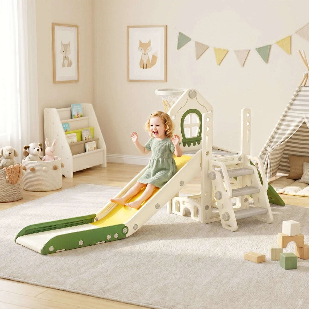 Scivolo per Bambini 1-3 Anni 191x100x84 cm con Arrampicata e Canestro in HDPE Crema