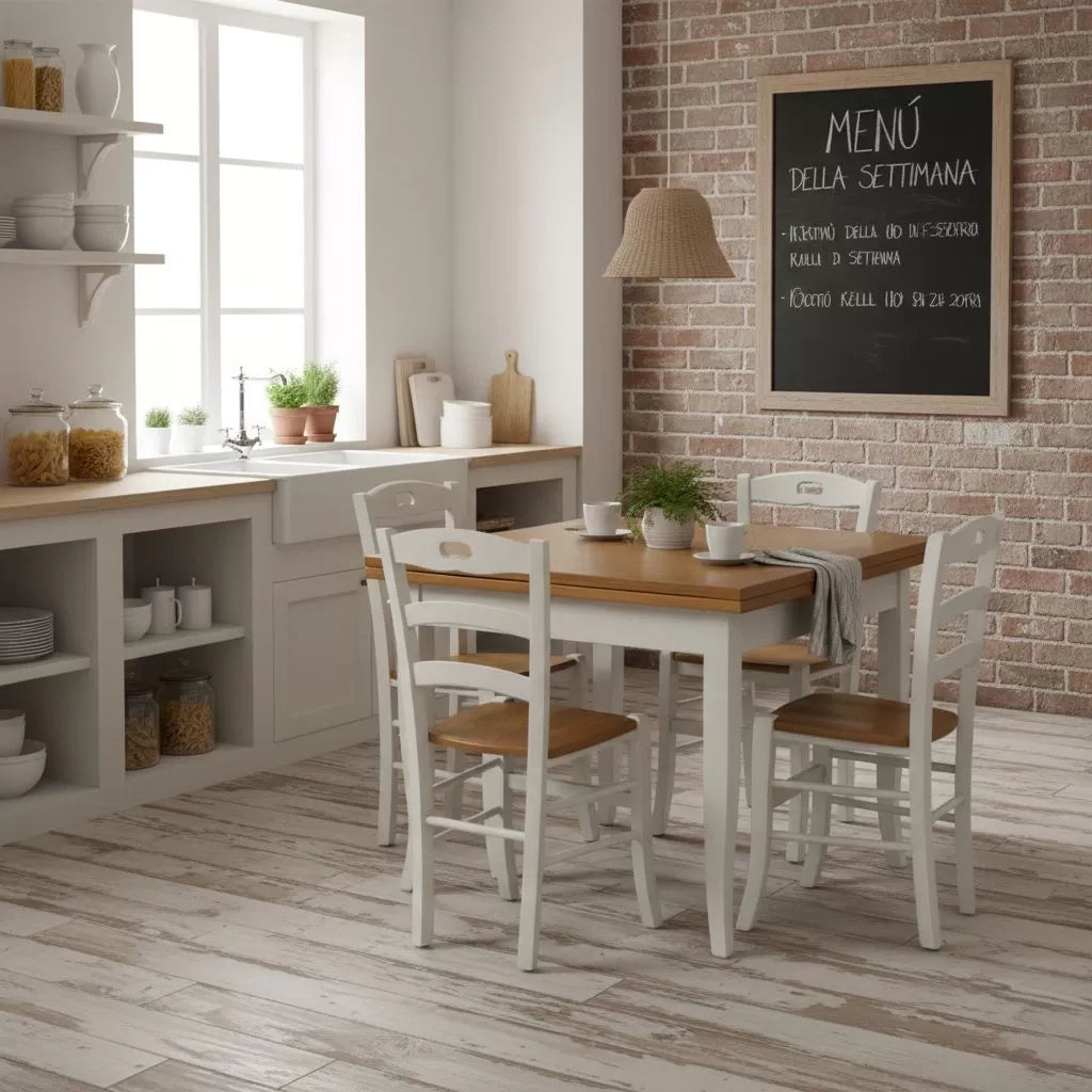 Set tavolo legno 100x100 allungabile bicolore + 4 sedie legno seduta legno bicolore - Mobili 2G