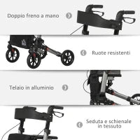 Deambulatore Pieghevole in Allumino ad Altezza Regolabile con Borsa, 64x67x80-92 cm, Nero e Argento