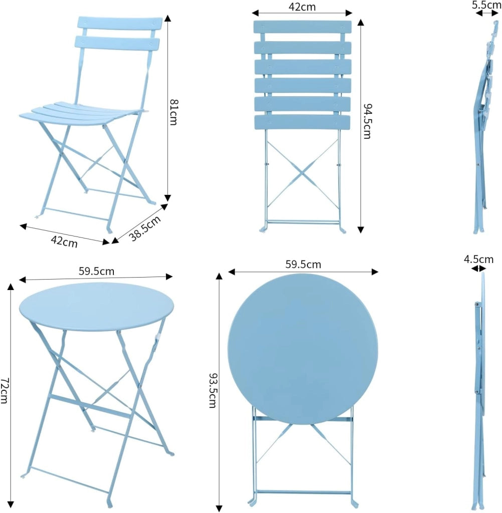 Set da Bistrò 3 Pezzi, Tavolo da Giardino Pieghevole Metallo, Set da Balcone con 2 Sedie, Mobili da Giardino, Pieghevole, Tavolo con Sedie per Balcone e Terrazzo, Blu