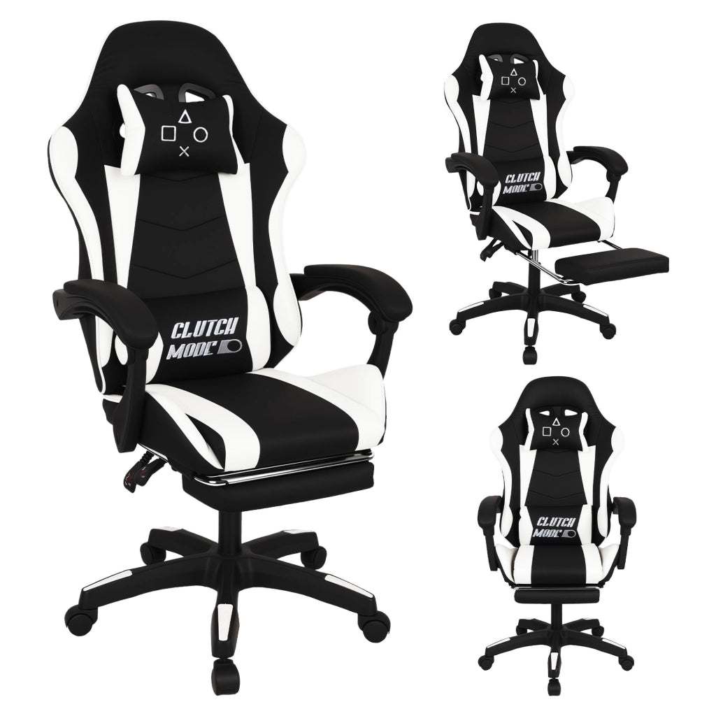 Clutch - Sedia da Gaming Ergonomica con Cuscino Lombare Poggiatesta e Poggiapiedi in PVC Nera e Bianca