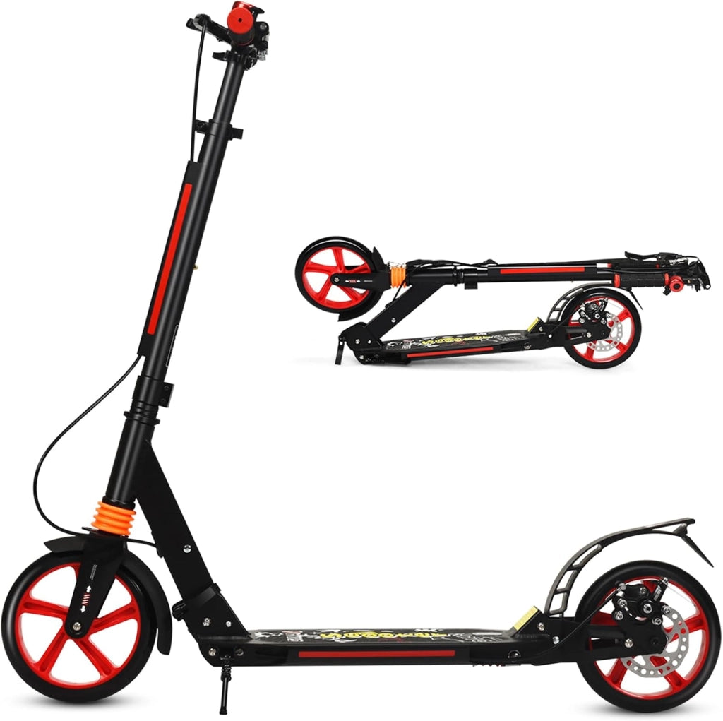 Monopattino Bambini e Adulti, Monopattino a Spinta Pieghevole e Regolabile in 3 Altezze, Monopattino Portatile con 2 Ruote, Cavalletto, Freno e Pedale Antiscivolo, Portata 100 kg