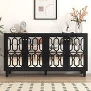 Credenza Moderna con Specchio e Maniglie di Cristallo, 4 Ante e Ripiani Mobili per Soggiorno e Cucina, 160x40x84 cm, Nero