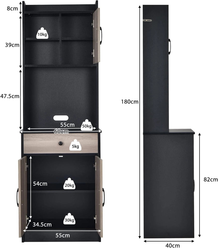 Armadio da Cucina Alto 180 cm, Credenza Alta da Cucina Multiuso, Mobile Buffet con Cassetto e Ripiani Regolabili, Mobiletto Cucina Salvaspazio Credenza, 60x40x180 cm, 2 Colori (Nero)