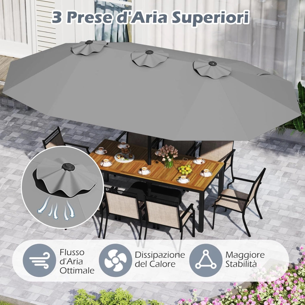 Ombrellone Doppio da Giardino 443 x 263 cm, Ombrello Rettangolare con Sistema a Manovella, Ombrellone da Giardino con Base e 12 Costole, per Sabbia, Cortile (Grigio)