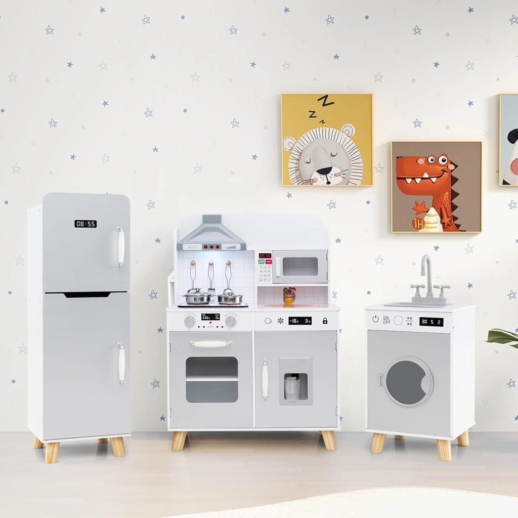 Cucina Giocattolo per Bambini, Cucina per Bambini con Frigorifero, Macchina del Ghiaccio, Lavatrice, Forno, Microonde, Lavello e Rubinetto, Con Luci e Suoni, per Bambini 3+ Anni (Grigio)
