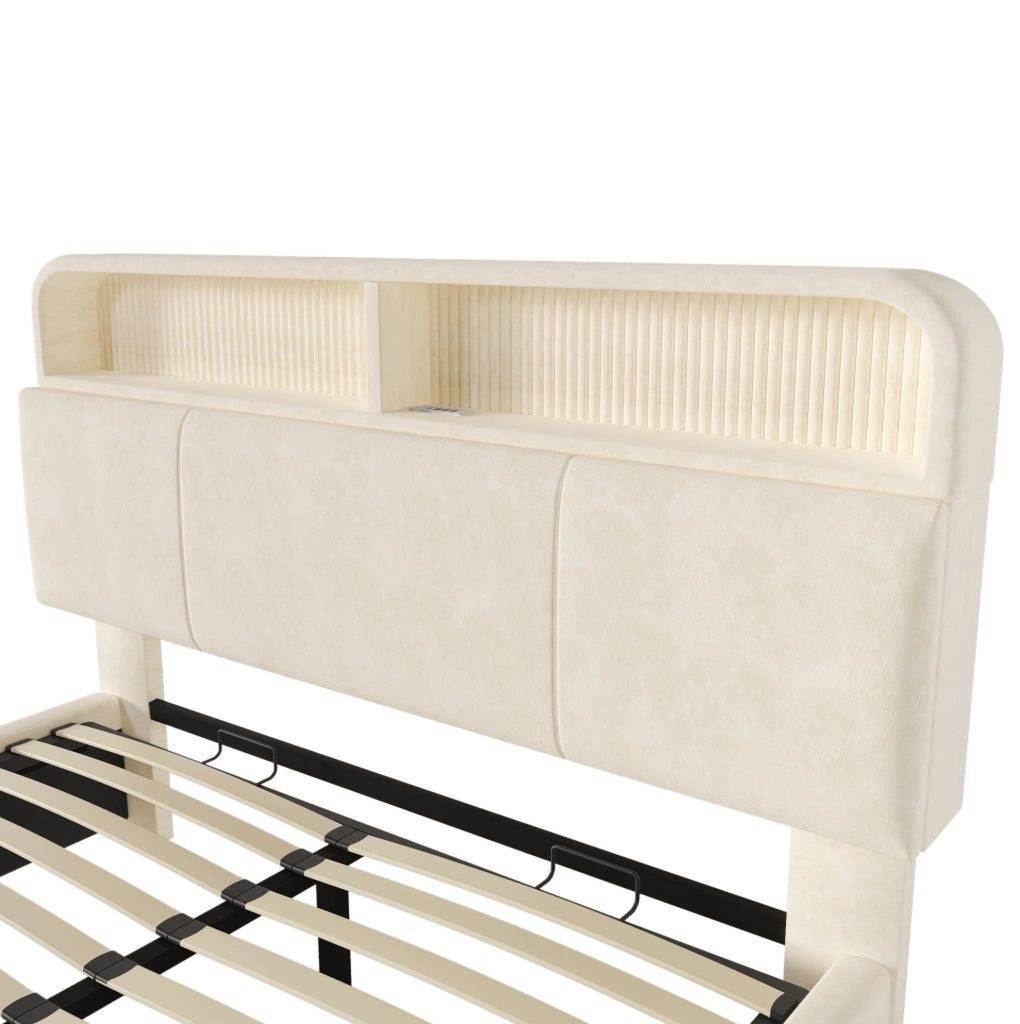 Letto matrimoniale 180x200 cm con contenitore; testiera regolabile; LED e USB/Type-C; beige in velluto