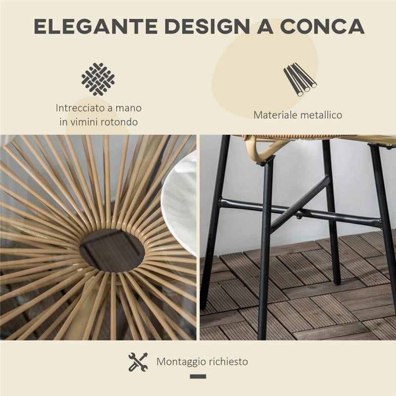 TAVOLINO DA GIARDINO ROTONDO IN RATTAN PE E VETRO Ø50X50CM COLORE BEIGE