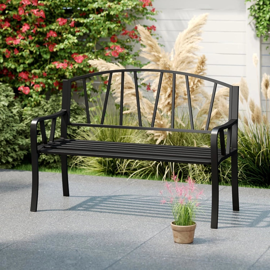 Panca esterna da giardino, seduta a doghe per 2-3 persone, capacità 300 kg, schienale semplice, braccioli curvi, panca da giardino in metallo robusto per terrazza, parco (129 x 53 x 93 cm)