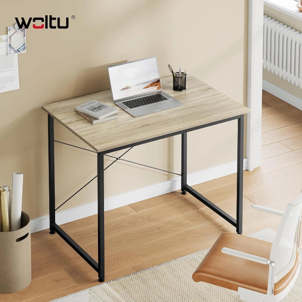 Scrivania Salvaspazio, Tavolo per Computer, Rovere Chiaro + Bianco per Studio, Home Office, Camera da Letto, in Legno e Metallo, 80x60x70 cm