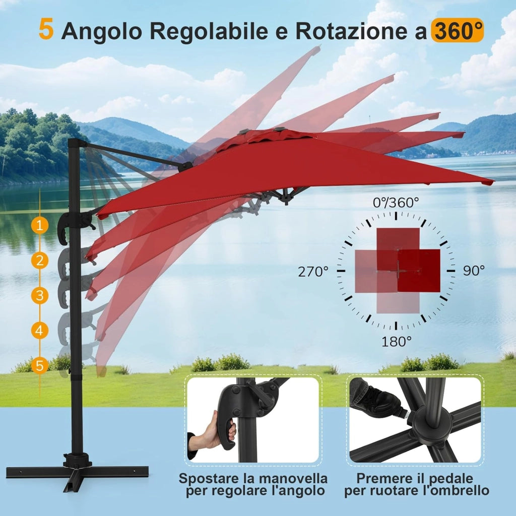 Ombrellone da Giardino 245 cm con Base, Ombrellone da Esterno Rotante a 360°, 5 Posizioni di Inclinazione Regolabili, 8 Stecche, Manovella, Palo in Alluminio, per Giardino Patio (Rosso)