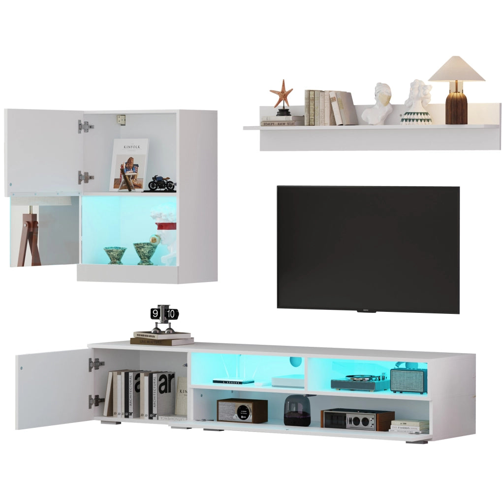 Set parete TV con LED e finitura lucida in truciolare bianco