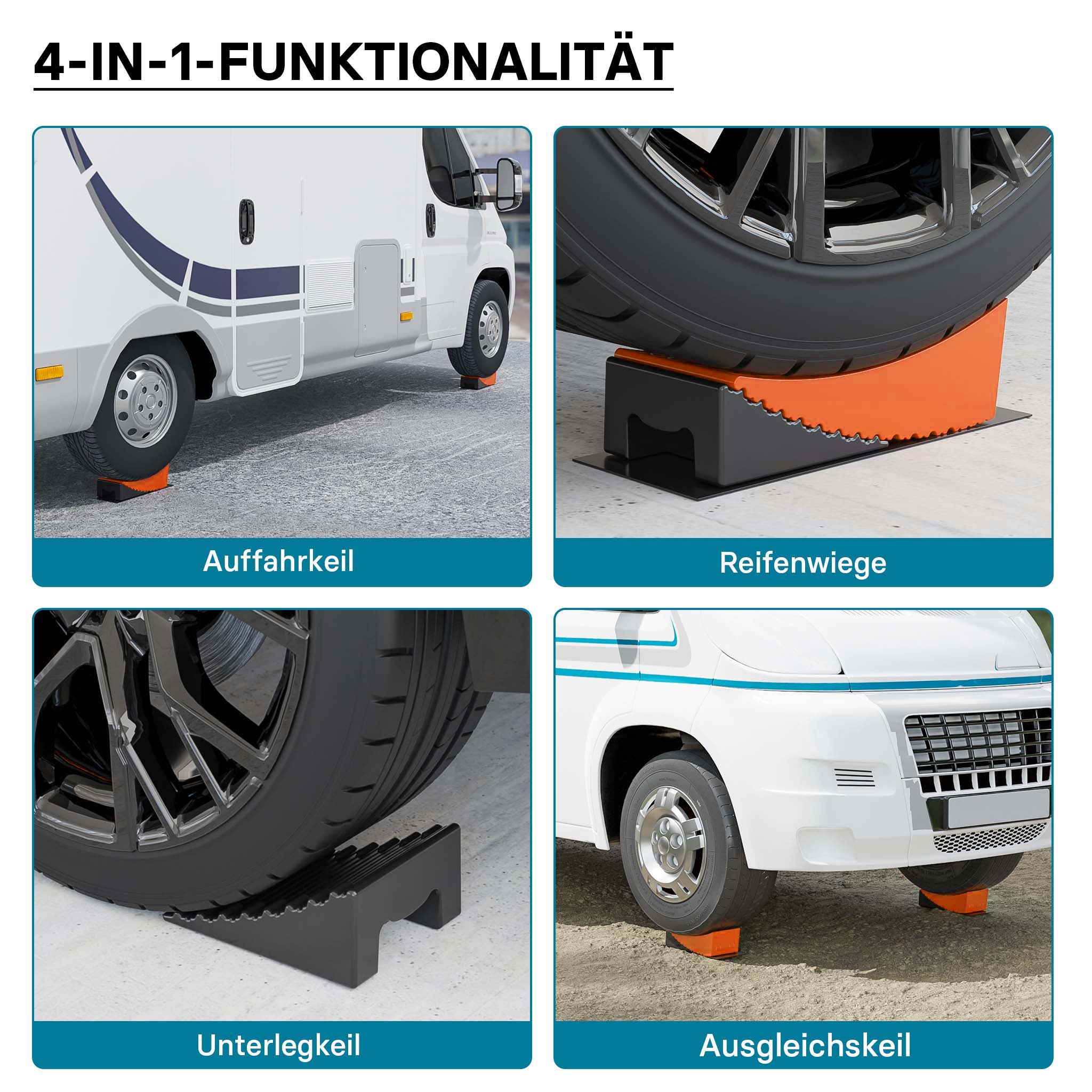 2 Cunei fermaruota 3,5 t/coppia, bloccaruote 42,4 x 17 x 17,4, fermi 20,7 x 17 x 9,6 cm, livellatori in plastica con borsa di trasporto e tappetini, per camper, rimorchi, camion