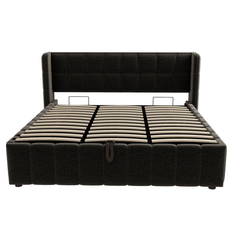 Letto imbottito 213x188x101 cm con vano contenitore in tessuto grigio