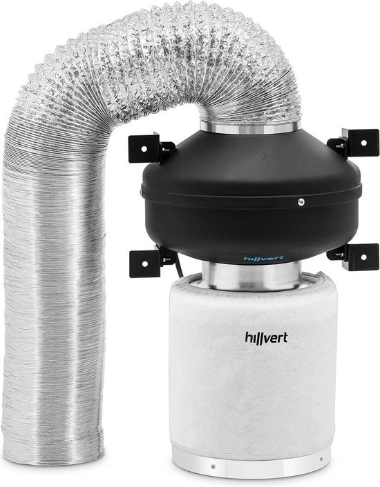 Set di scarico - filtro attivo / ventilatore di scarico / tubo di scarico - 382,2 m³/h - Ø 125 mm di scarico - modello Hillvert