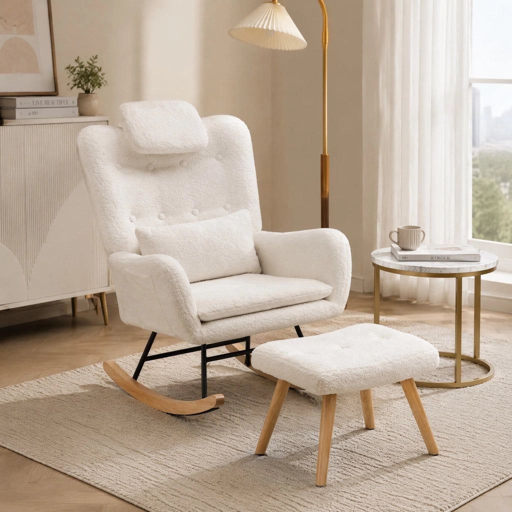 POLTRONA A DONDOLO 73x92x102 cm Teddy bianco con poggiapiedi e cuscini